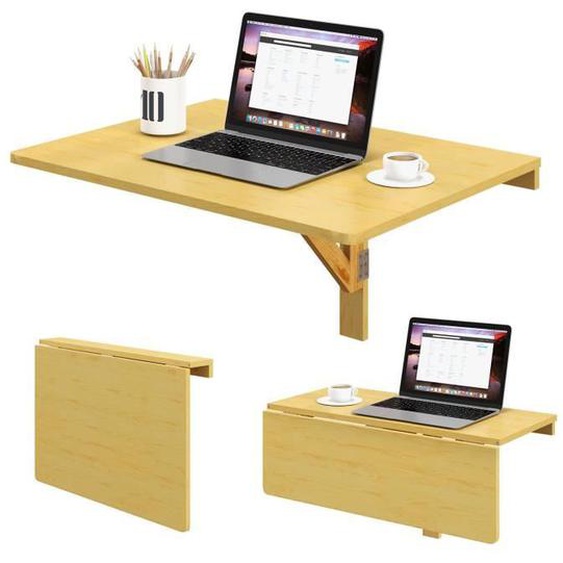 COSTWAY Table Murale Rabattable en Bois, Plateau Pliable de 80×60cm, Meuble Foyers pour Etudiants, Appartements, Cuisine, Naturel