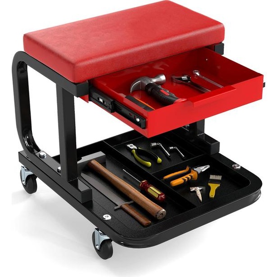COSTWAY Tabouret datelier avec roulettes, tiroir & tablette, tabouret à roulettes jusquà 185kg, atelier, siège à roulettes, siège datelier, tabouret de montage rouge