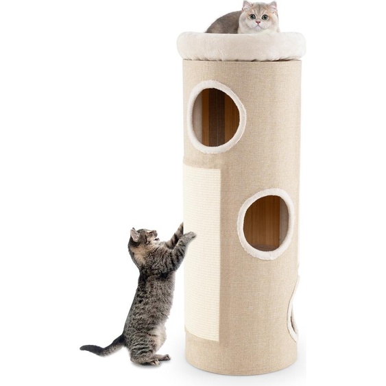 COSTWAY Tonneau à griffer 4 niveaux 113cm de haut, Tonneau à chat Arbre à chat avec 3 cavités, 2 planches à griffer en sisal, lit en peluche & tapis en bambou, Meuble pour chats Arbre à chat