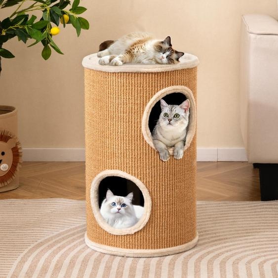 COSTWAY Tonneau à griffer, Ø 36 cm, 59,5 cm de haut, 4 étages avec griffoir en sisal, 3 niches pour chats, lit en peluche & bord en peluche, pour chats jusquà 15 kg