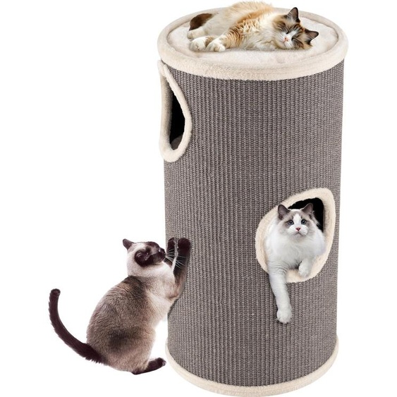 COSTWAY Tonneau à griffer Ø36x70cm, Tonneau à griffer pour chats avec planche à griffer en sisal, 3 cavités pour chats, lit en peluche & bord en peluche, Arbre à chat à 4 étages pour chats jusquà 15kg Gris