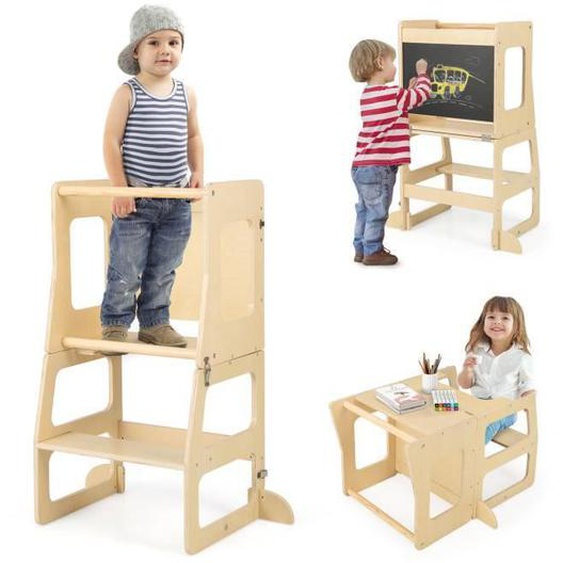 COSTWAY Tour dApprentissage Montessori en Bois Evolutive 3 en 1-Tableau à Craie-Tabouret Bureau-Marches Antidérapantes-12 Mois-60KG