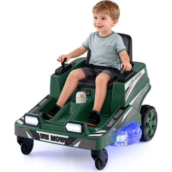 COSTWAY Voiture électrique pour enfants, Tondeuse à gazon électrique 12V avec double levier de lumières LED, fonction rotative et réversible Véhicule électrique pour enfants 3+Vert