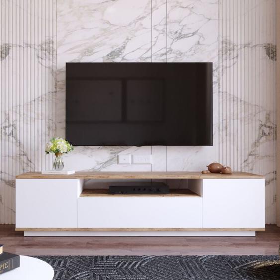 Cotecosy - Meuble tv en Pin Atlantique et Blanc, Grande Capacité, 180x44,6x44,5 cm, Pour Salon ou Salle de Jeux