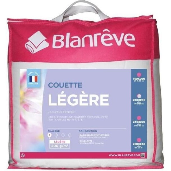 Couette Légère Microfibre Blanc, 200 x 200 cm, Garnissage Fibre Creuse 200g/m²