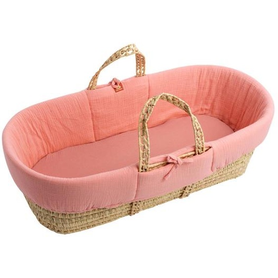 Couffin Bébé En Fibres Naturelles Avec Habillage Tissu Rose