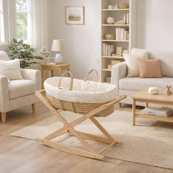 Couffin Bébé En Fibres Naturelles Et Habillage Tissu Avec Support En Pin Massif Blanc/orange