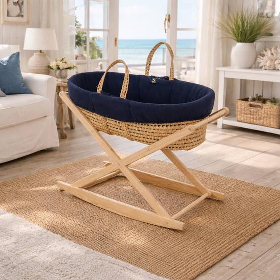 Couffin Bébé En Fibres Naturelles Et Habillage Tissu Avec Support En Pin Massif Bleu/blanc