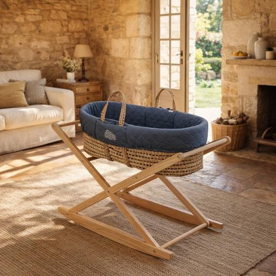 Couffin Bébé En Fibres Naturelles Et Habillage Tissu Avec Support En Pin Massif Bleu