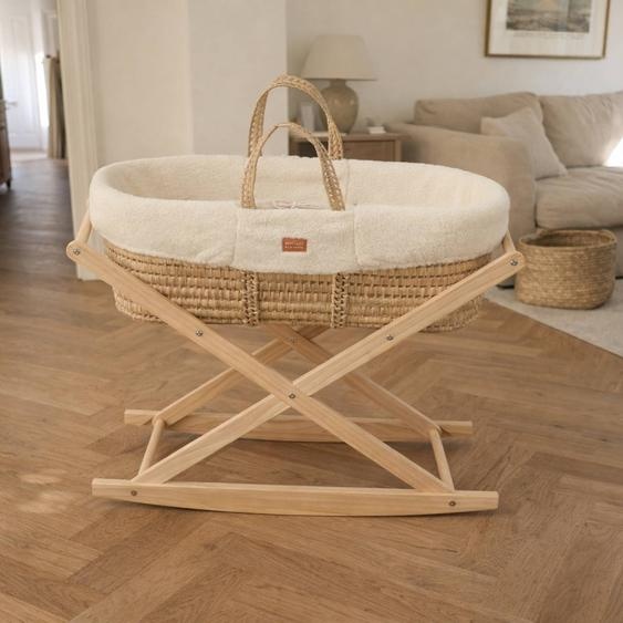 Couffin Bébé En Fibres Naturelles Et Habillage Tissu Avec Support En Pin Massif Ecru
