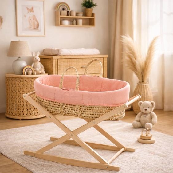 Couffin Bébé En Fibres Naturelles Et Habillage Tissu Avec Support En Pin Massif Rose