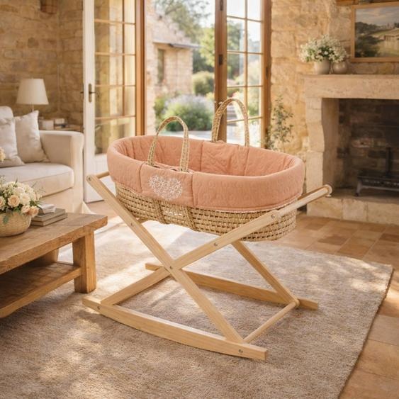 Couffin Bébé En Fibres Naturelles Et Habillage Tissu Avec Support En Pin Massif Rose Imprimé
