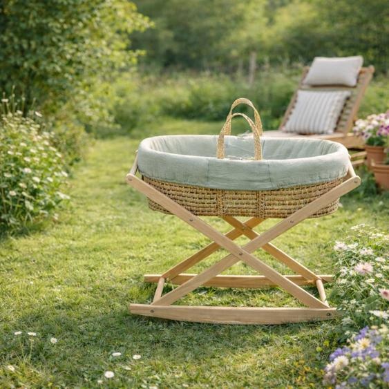 Couffin Bébé En Fibres Naturelles Et Habillage Tissu Avec Support En Pin Massif Vert Tilleul