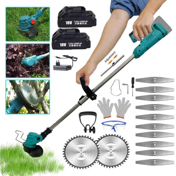 Coupe-bordure à batterie,Tondeuse à batterie, remplacement Compatible avec la batterie Makita, avec 2 3.0ah batteries + chargeur, guide télescopique