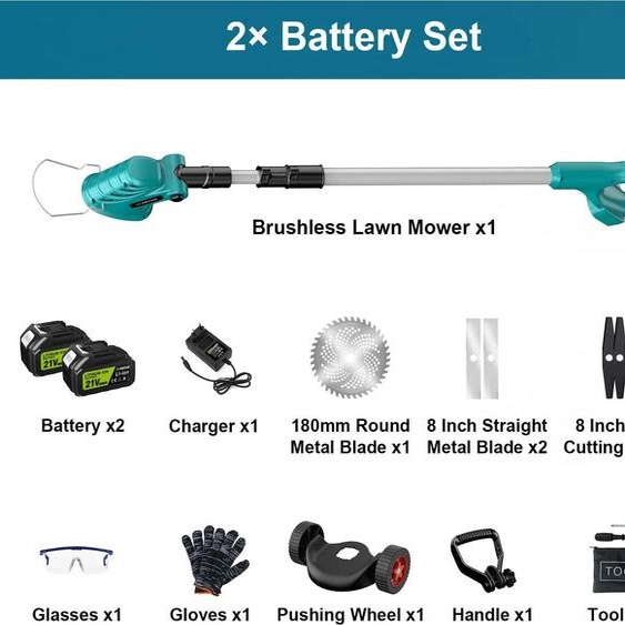 Coupe-bordures et mini-tondeuses - Sans fil - Largeur de coupe de 20 cm - Moteur sans balais - 2 batteries 18 V incluses - Poignée réglable en hauteur - Blanc