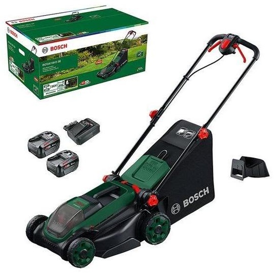 Tondeuse électrique sans fil Bosch Rotak 18V2-38, 18V, 38cm de coupe, 2 batteries 4Ah + chargeur