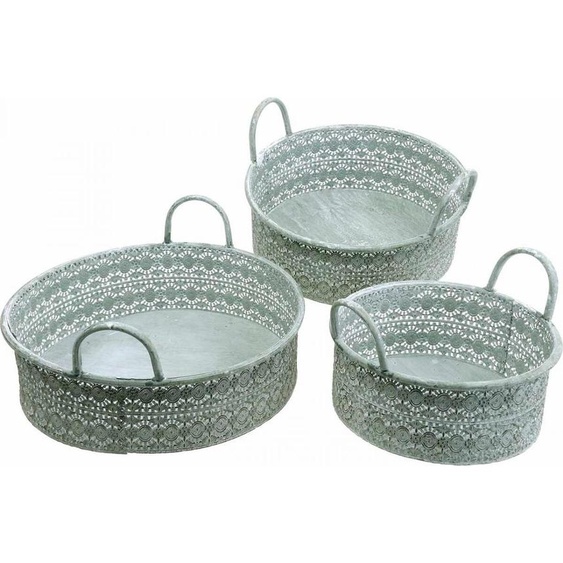 Coupelle décorative vintage Set de cache-pots avec poignées, coupelles à plantes en métal 3 pièces, Shabby Chic coupelle décorative en zinc, vert/blanc