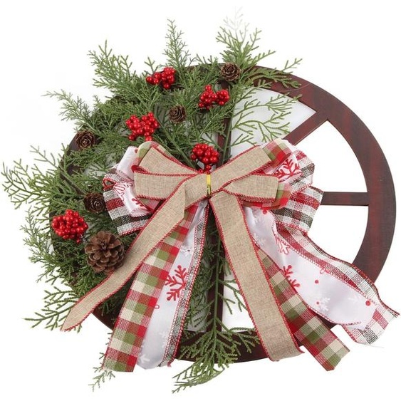 Couronne de Noël avec nud papillon Roue de camion rouge Couronne dautomne pour porte dentrée Ornement suspendu en bois Couronne pour lintérieur et lextérieur