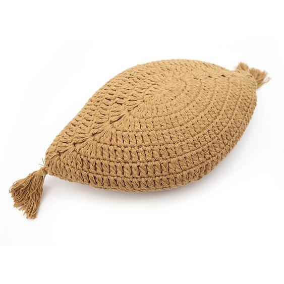 Coussin Bohème Coton Crochet Plume Moutarde