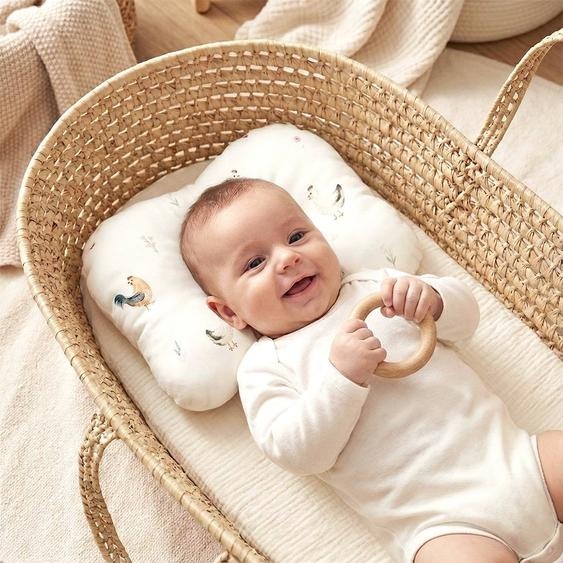 Sevira Kids Coussin Cale-tête Ergonomique En Satin De Coton Gallina Écru – Motif Poules Champêtre