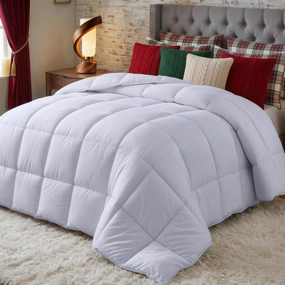 Couverture de lit 200x220 cm, 370 GSM - Alternative duveteuse - Microfibre - Étiquettes dangle - Blanche - Résistante aux chocs et respirante - Couverture de lit
