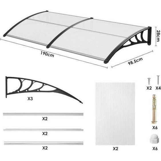 Couverture de toit - Résistante aux intempéries - Polycarbonate - Matériau durable - Pieds robustes en ABS - Pour portes, fenêtres et balcons - 190 x 98,5 cm - Noir