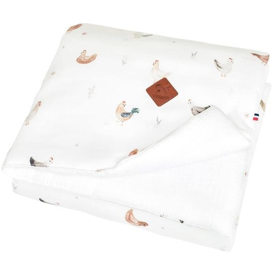 Sevira Kids Couverture Réversible En Satin De Coton Gallina Écru – Motif Poules Champêtre