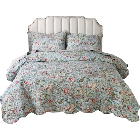 Couvre-lit matelassé Set 3-pièces réversible patchwork couette douce microfibre brossée double reine avec 2 taies doreiller(Green Floral