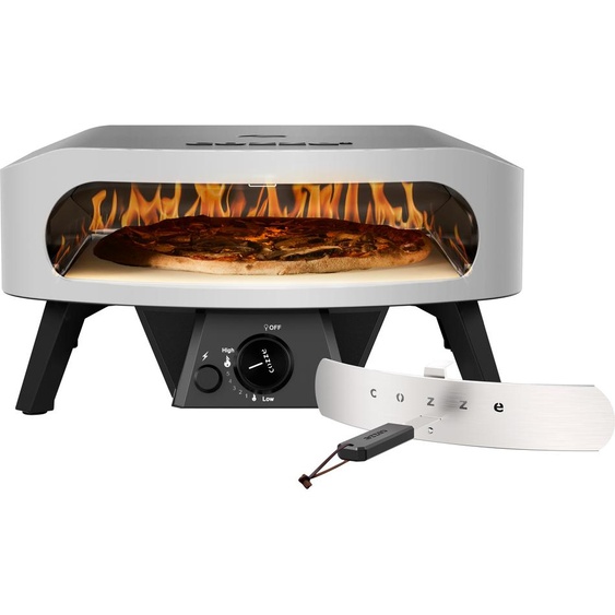Cozze® Four à pizza à gaz Classic 17, avec thermomètre, incluant une pierre à pizza, température de cuisson jusquà 450°C, portable, surface de cuisson 43 x 43 cm, dimensions du produit 29,5 x 58,5 x 58,5 cm, acier / cordiérite, gris / noir