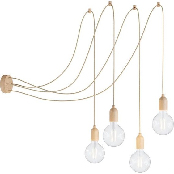 creative cables - Spider - Lampe suspendue multiple avec 4 gouttes Italy complète avec câble textile et garniture en bois