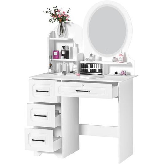 Coiffeuse avec Grand Miroir LED,4 tiroirs,Table de Maquillage,80x40x137 cm,BLANC,CREMLANK