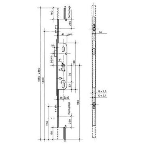 Crémone barillet axe 25mm longueur 2030mm ajustable haut et bas Ferco G-24534-20-L-1