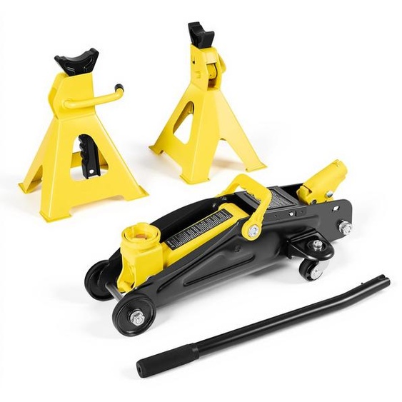 Cric hydraulique de 2 tonnes, profil bas, avec une hauteur de levée de 13 à 31 cm, de couleur jaune et noir