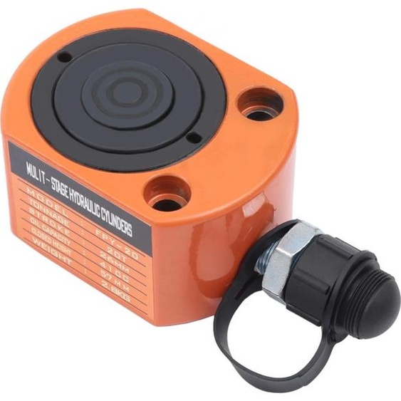 Cric hydraulique de 20 tonnes - Double piston à profil bas, 2 positions - Hauteur de base : 5,7 cm - Course : 2,6 cm - Acier 45 soudé - Orange