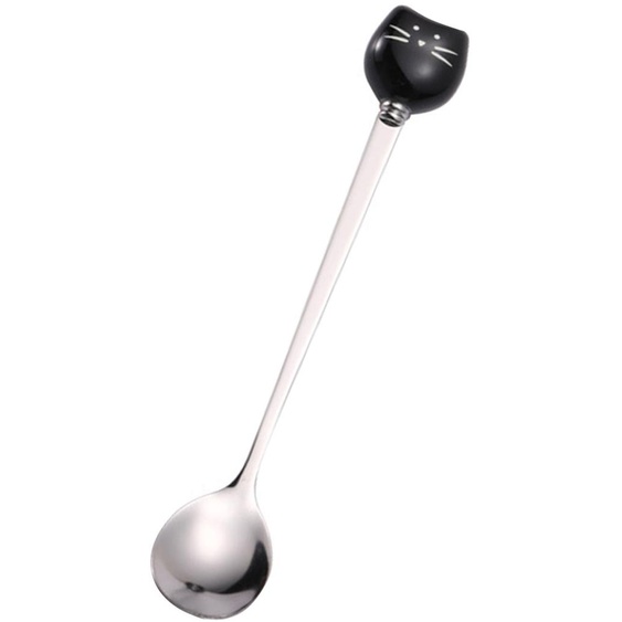 Cuillère en acier inoxydable avec manche long et tête de chat en céramique, idéale pour remuer le café, le miel ou les desserts dans une tasse
