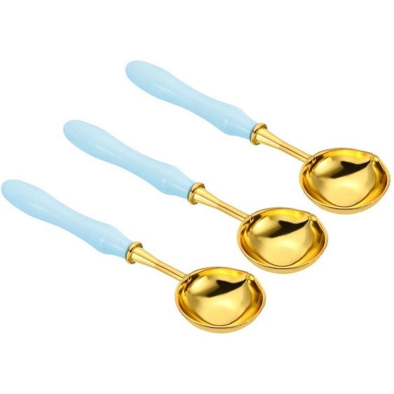 Cuillères à cire - Lot de 3, avec long manche en bois et en laiton - pour faire fondre la cire pour cacheter les enveloppes et pour travaux de loisirs créatifs - 4 pouces - Bleu ciel
