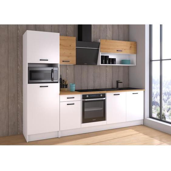 Cuisine complète PREGO - L 263 cm - Décor Blanc et Chêne - Plan de travail 203 cm inclus