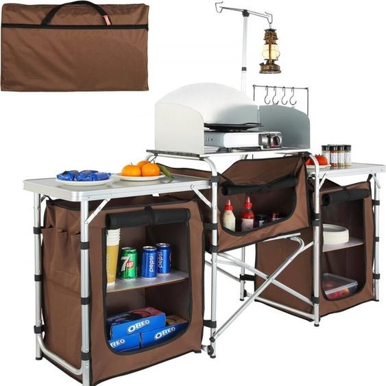 Cuisine de camping Deluxe - Armoire de camping pliante 174 x 176 x 46 cm, Cuisine de table avec mât de lampe & crochet, châssis en aluminium, Idéal pour le camping & le pique-nique.