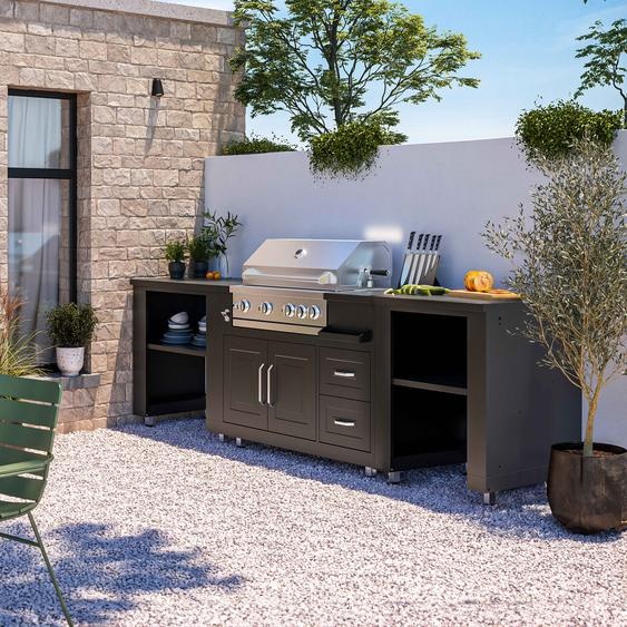 Cuisine dextérieur 3 élements avec barbecue noir - Oviala Memphis