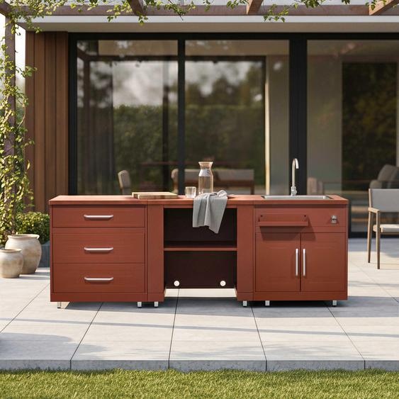 Cuisine dextérieur 3 éléments avec évier et rangements brique - Oviala Memphis