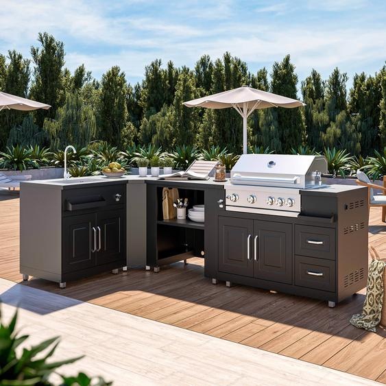 Cuisine dextérieur angle 4 éléments avec évier et barbecue - Oviala Memphis