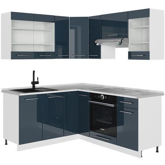 cuisine en angle Fame-Line, 160 x 190 cm , PT Marbre, bleu foncé brillant/blanc, Vicco