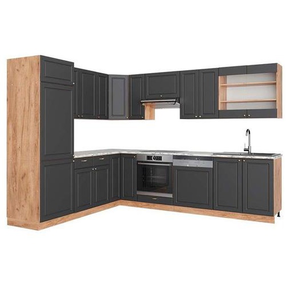 Cuisine en angle Fame-Line, 227 x 287 cm , PT Marbre, Anthracite Campagne/Chêne doré, Vicco