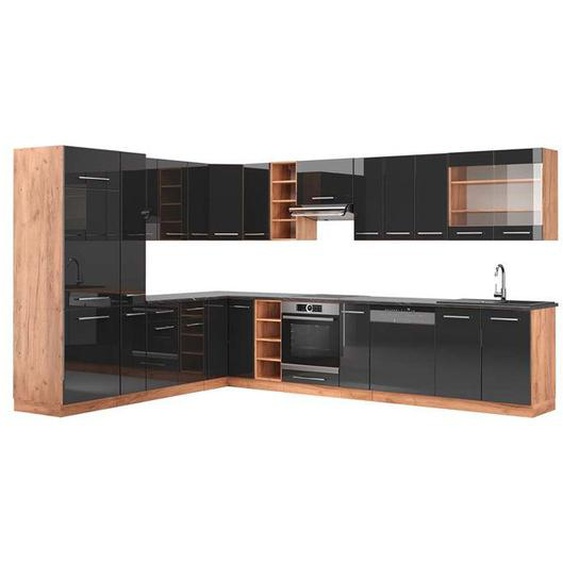 Cuisine en angle Fame-Line, 347 x 257 cm , PT Anthracite, Anthracite brillant/Chêne doré, Vicco