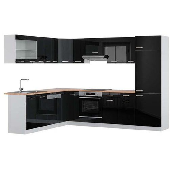 Cuisine en angle R-Line, 227 x 287 cm , PT Chêne, Noir brillant/Blanc, Vicco