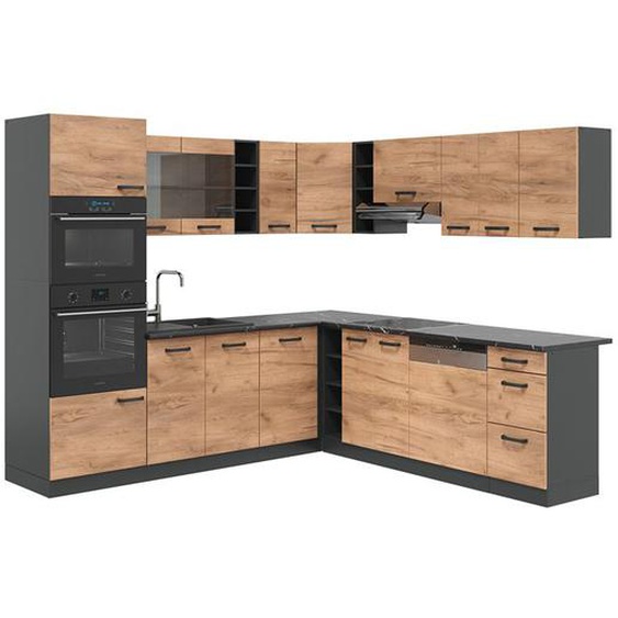 Cuisine en angle R-Line, 237 x 247 cm , PT Anthracite, Chêne doré/anthracite, Vicco