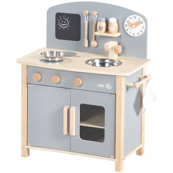 Cuisine Enfant Équipée Avec Accessoires Et Horloge Gris Et Naturel