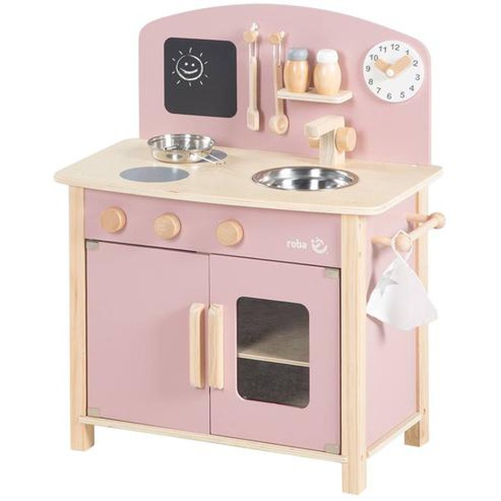 Cuisine Enfant Équipée Avec Accessoires Et Horloge Rose Et Naturel