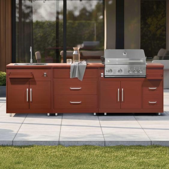 Cuisine extérieure acier 3 éléments avec barbecue brique - Oviala Memphis