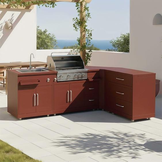 Cuisine extérieure acier 4 éléments avec barbecue brique - Oviala Memphis